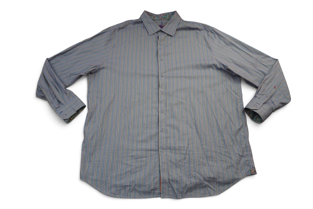 Robert Graham Shirt Mens 3XLT Blue Stripe Paisley Cuff Big & Tall Embroidered